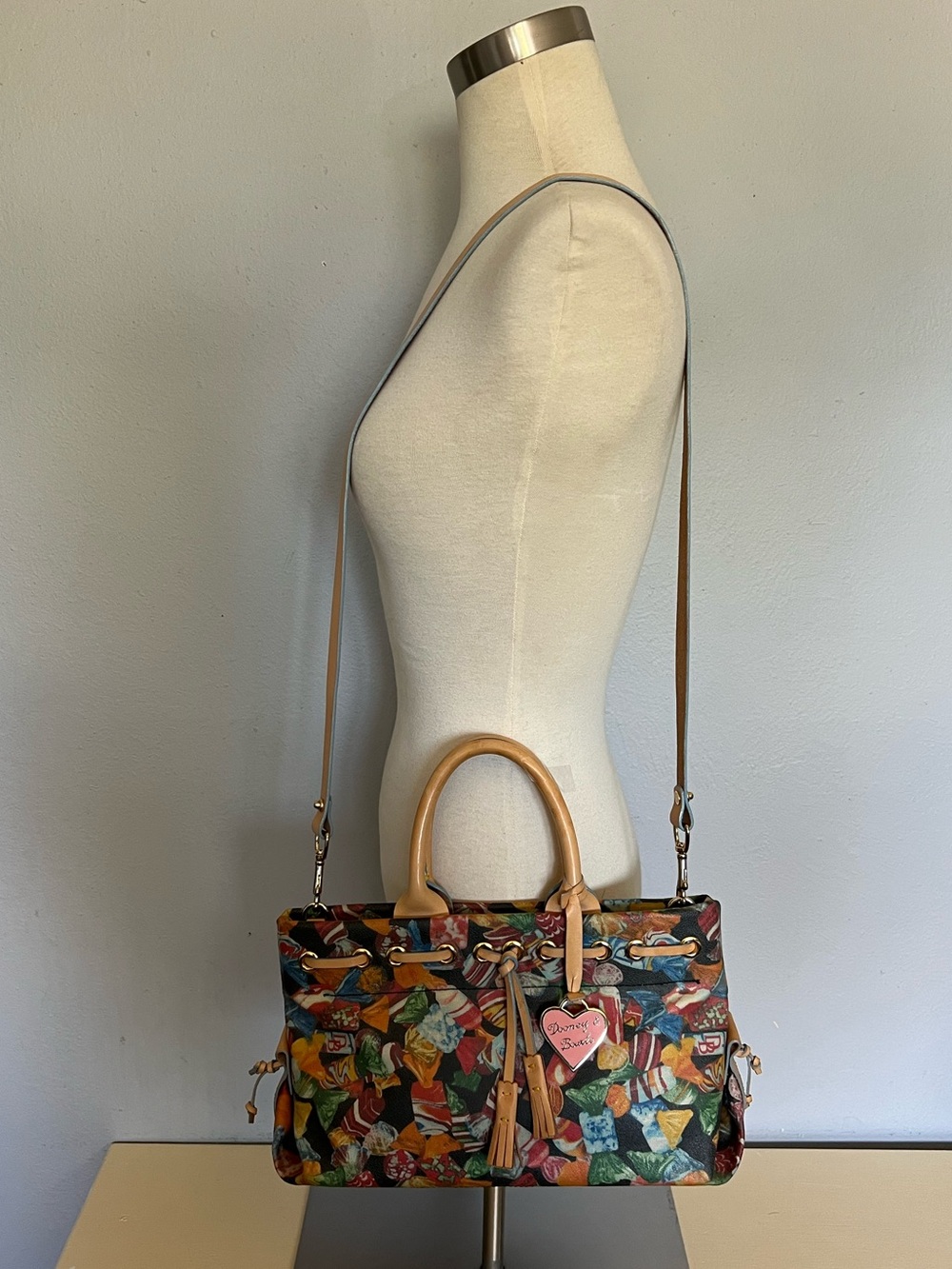 Dooney & Bourke Multicolor Printed Satchel with Tan Leather Trim